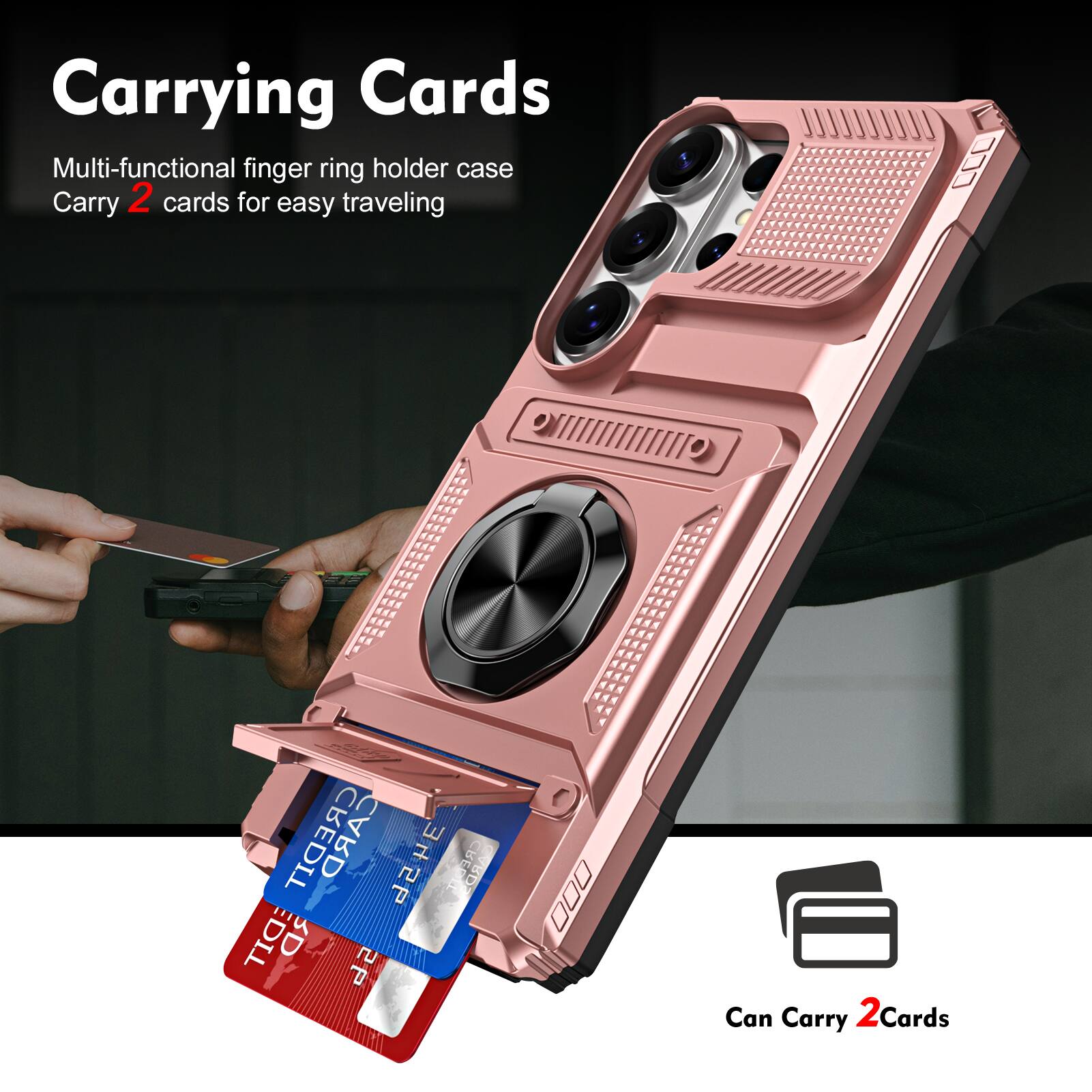 Carrying Cards  
Multi-functional finger ring holder case  
Carry 2 cards for easy traveling  

Can Carry 2 Cards