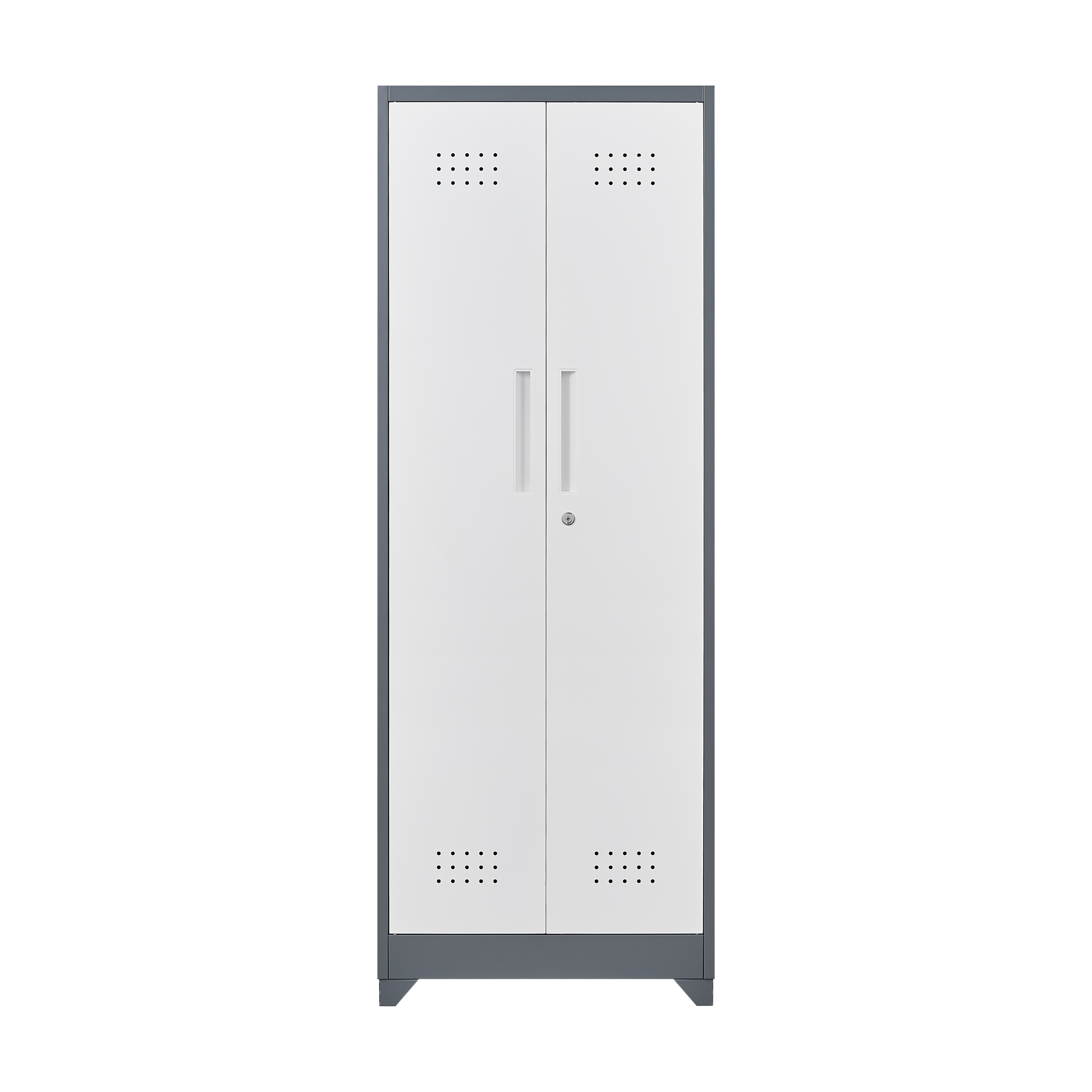 The image shows a locker with the following features:

- Two doors with vertical handles.
- Ventilation holes at the top and bottom of each door.
- A black frame around the locker.
- A black base at the bottom.
