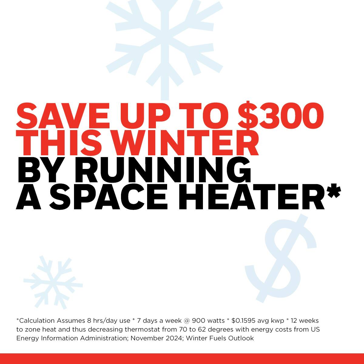 SAVE UP TO $300 THIS WINTER BY RUNNING A SPACE HEATER*

*Calculation Assumes 8 hrs/day use * 7 days a week @ 900 watts * $0.1595 avg kwp * 12 weeks to zone heat and thus decreasing thermostat from 70 to 62 degrees with energy costs from US Energy Information Administration; November 2024; Winter Fuels Outlook