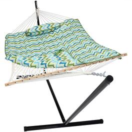 Sunnydaze - Large Rope Hammock with Steel Stand and Pad/Pillow - Blue & Green Chevron