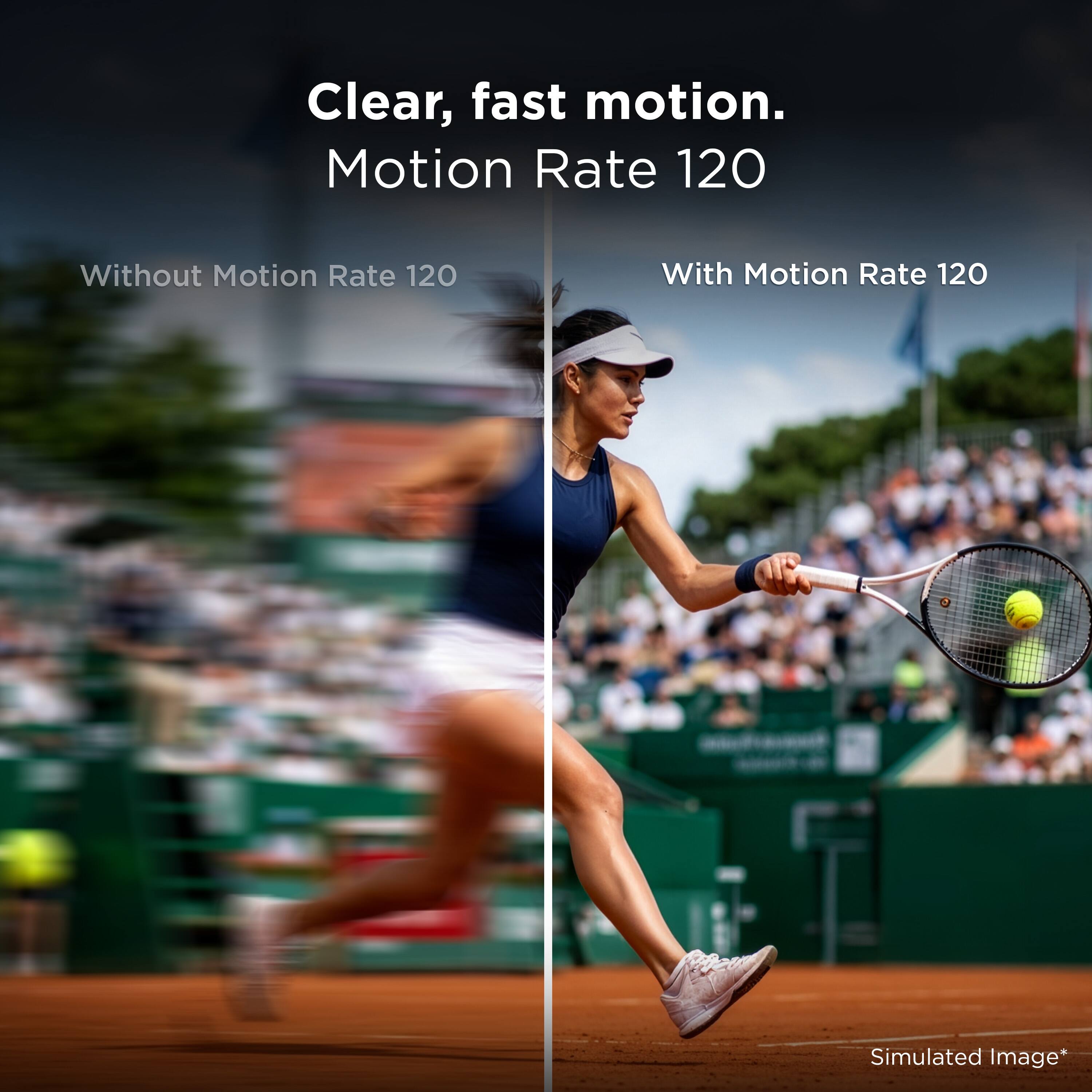 Clear, fast motion.  
Motion Rate 120  

Without Motion Rate 120  
With Motion Rate 120  

Simulated Image*