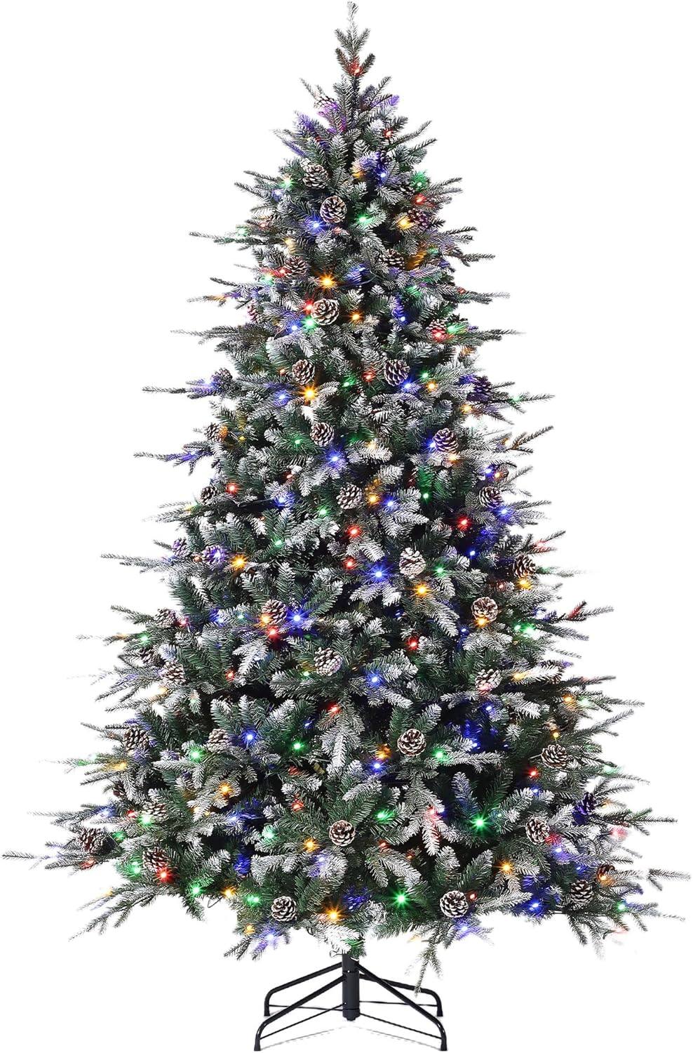 Angle. Maxxis Merch - 6FT Pre-Lit Snow-Flocked Christmas Tree, 300 LED Lights, Pine Cones & Gloves, Folding Stand, Home D茅cor - Green.
