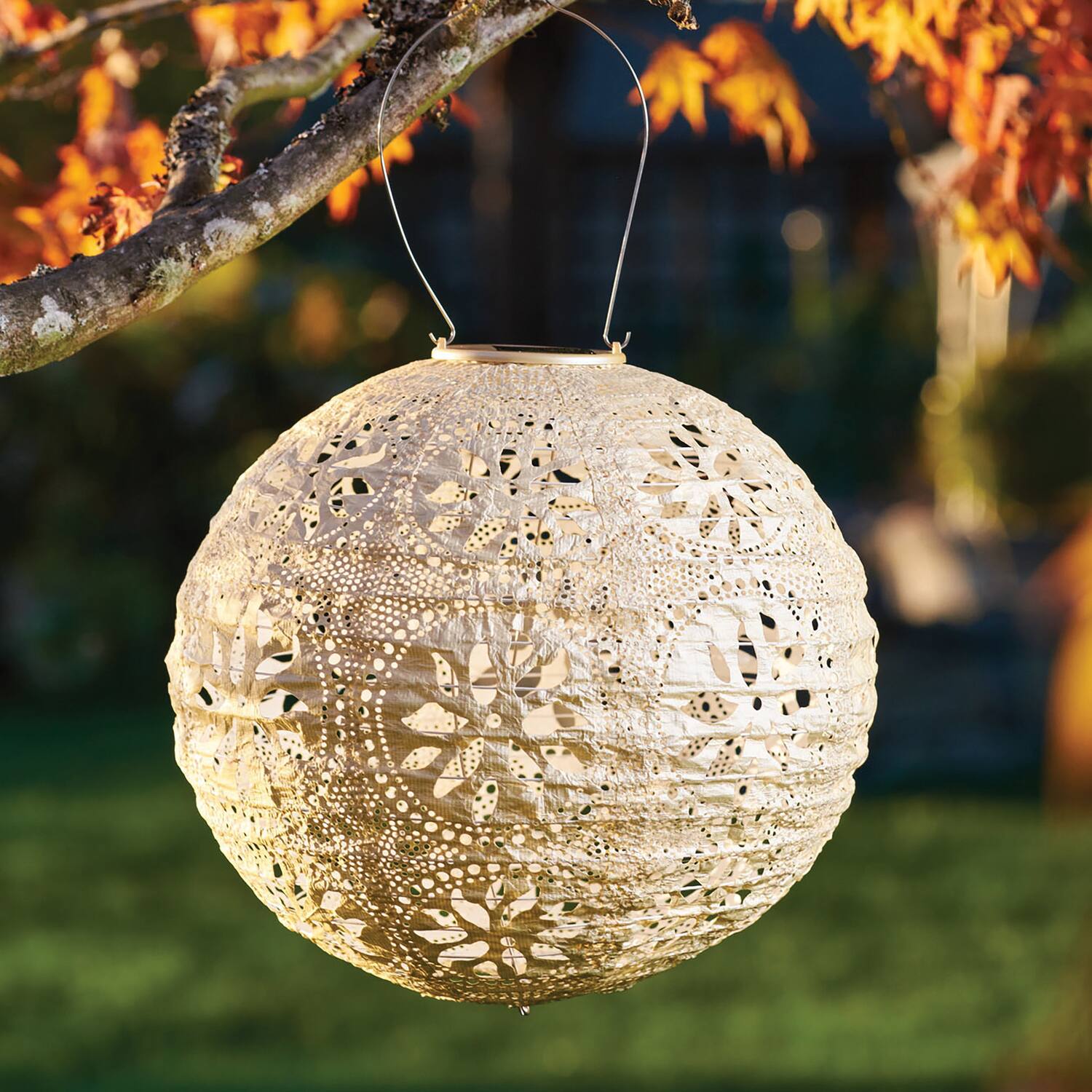 Angle. Allsop - Soji Stella Boho Globe 12" Tyvek Solar Lantern - Pearl.