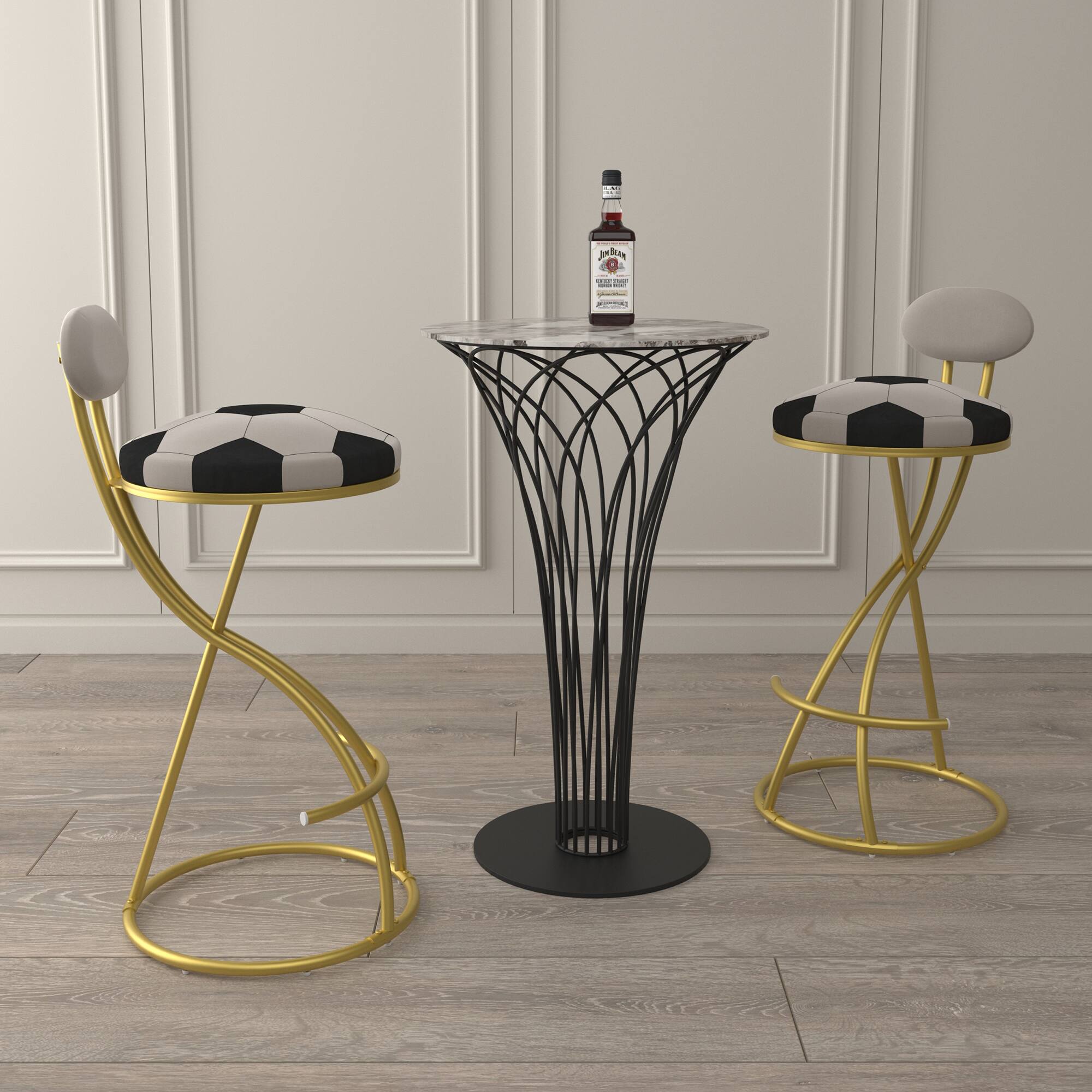 Front. PexFix - Modern Velvet Bar Stools, Set of 2, S-Shaped with Football Print, Upholstered for Kitchen & Living Room - Gold.