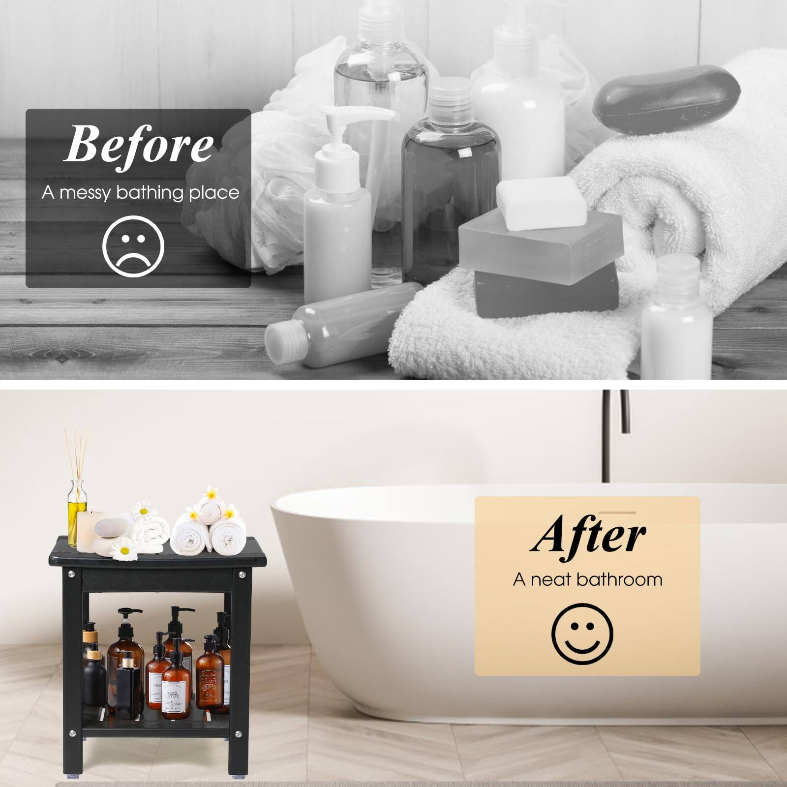 Before  
A messy bathing place  

After  
A neat bathroom