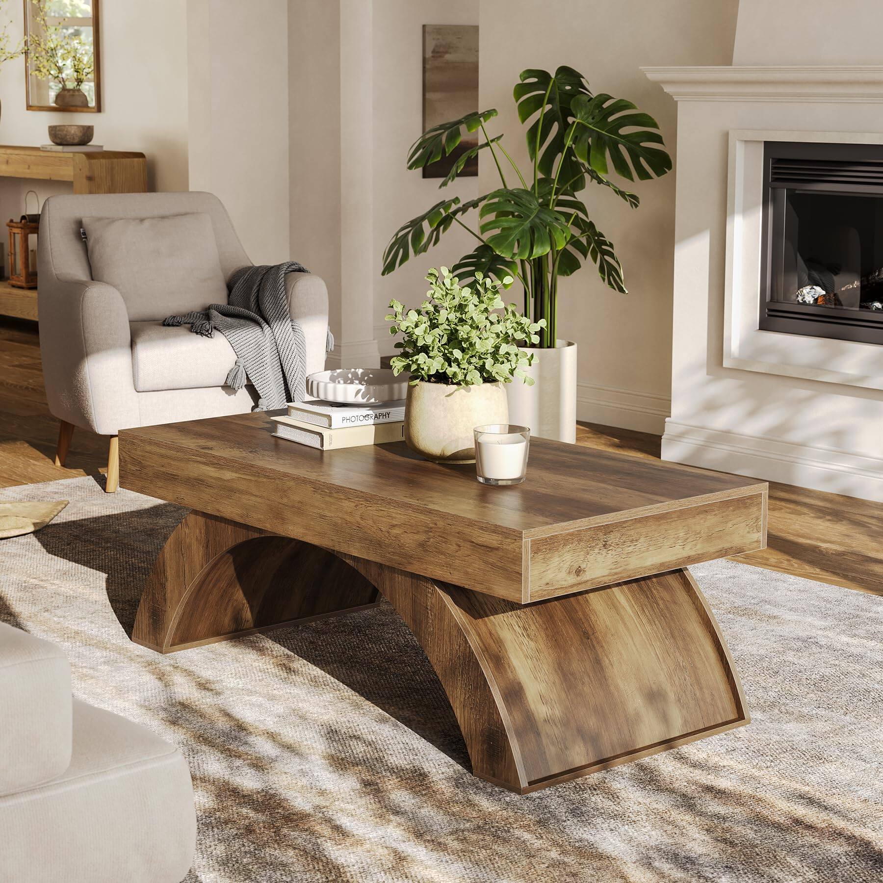 Alt View 3. Tribesigns - LITTLE TREE Modern Coffee Table, 47” Living Room Table, Rectangle Coffee Table with Artistic Arched Base, Wood Center Ta - Rustic Brown.