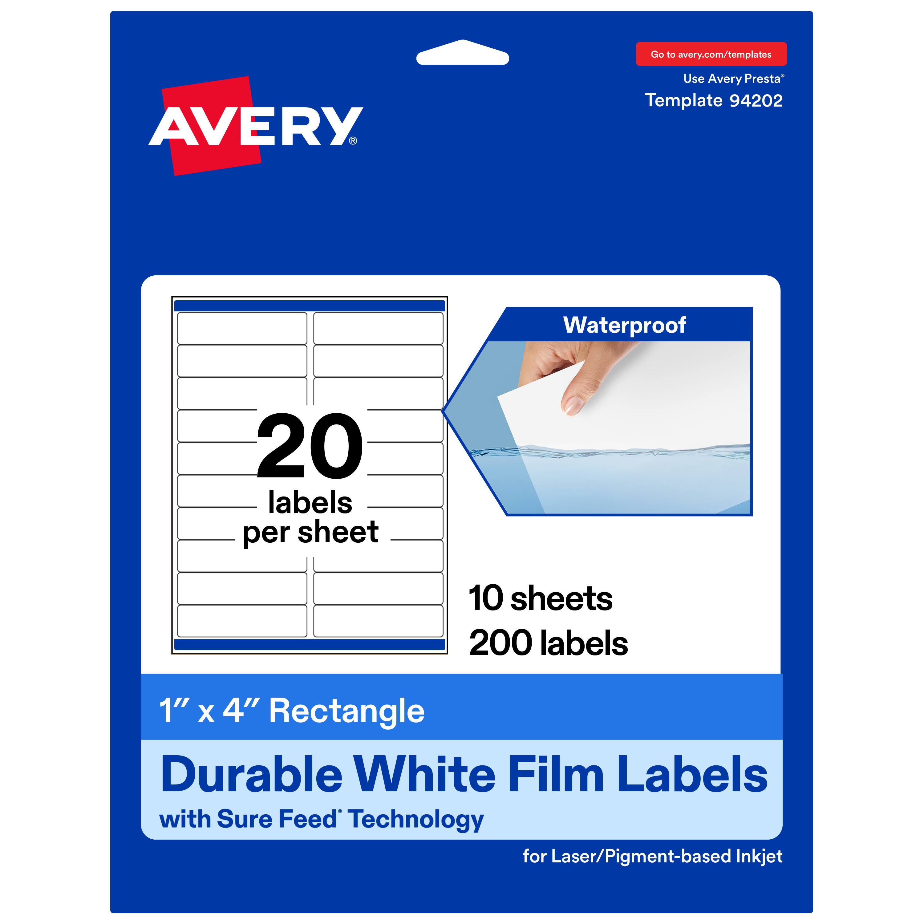 Go to avery.com/templates  
Use Avery Presta™ Template 94202  

Waterproof  
20 labels per sheet  
10 sheets  
200 labels  

1" x 4" Rectangle  
Durable White Film Labels  
with Sure Feed™ Technology  
for Laser/Pigment-based Inkjet
