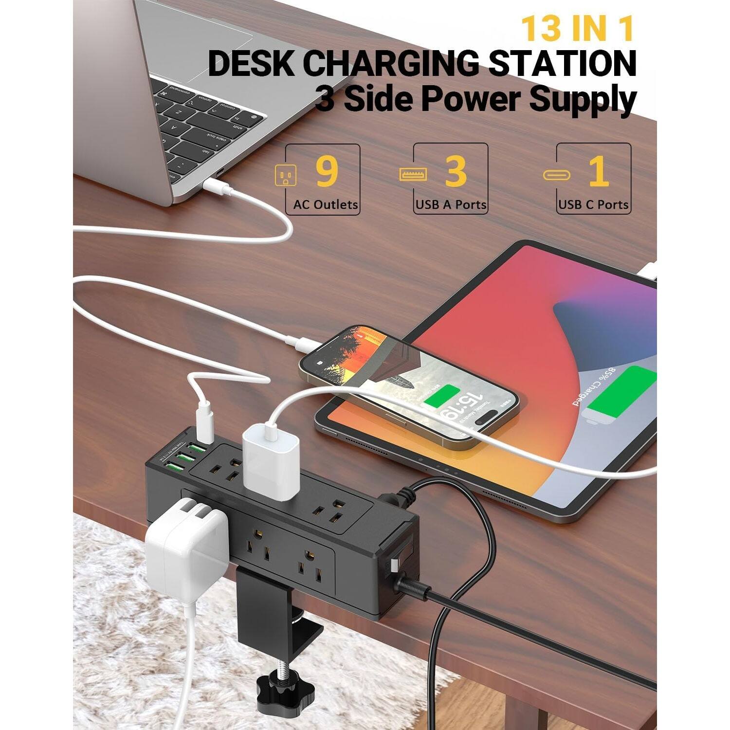 13 IN 1  
DESK CHARGING STATION  
3 Side Power Supply  

9 AC Outlets  
3 USB A Ports  
1 USB C Ports