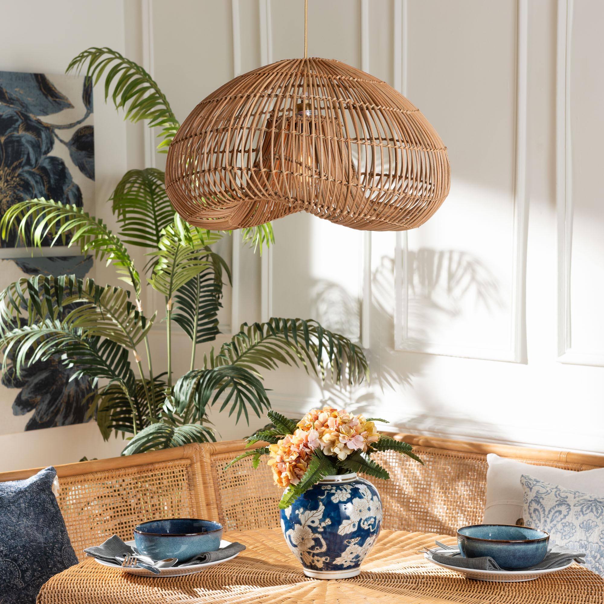 Angle. bali & pari - Hansa Natural Rattan Pendant Lampshade - Handcrafted Dome-Shape Ceiling Light Cover, Coastal Boho Décor - Natural Brown.