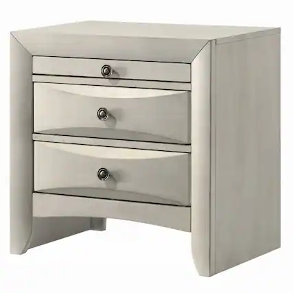 Front. Manhattan Lane - Remy Nightstand, 3 Contemporary Faceted Drawers, Finish - Antique White, Zinc.