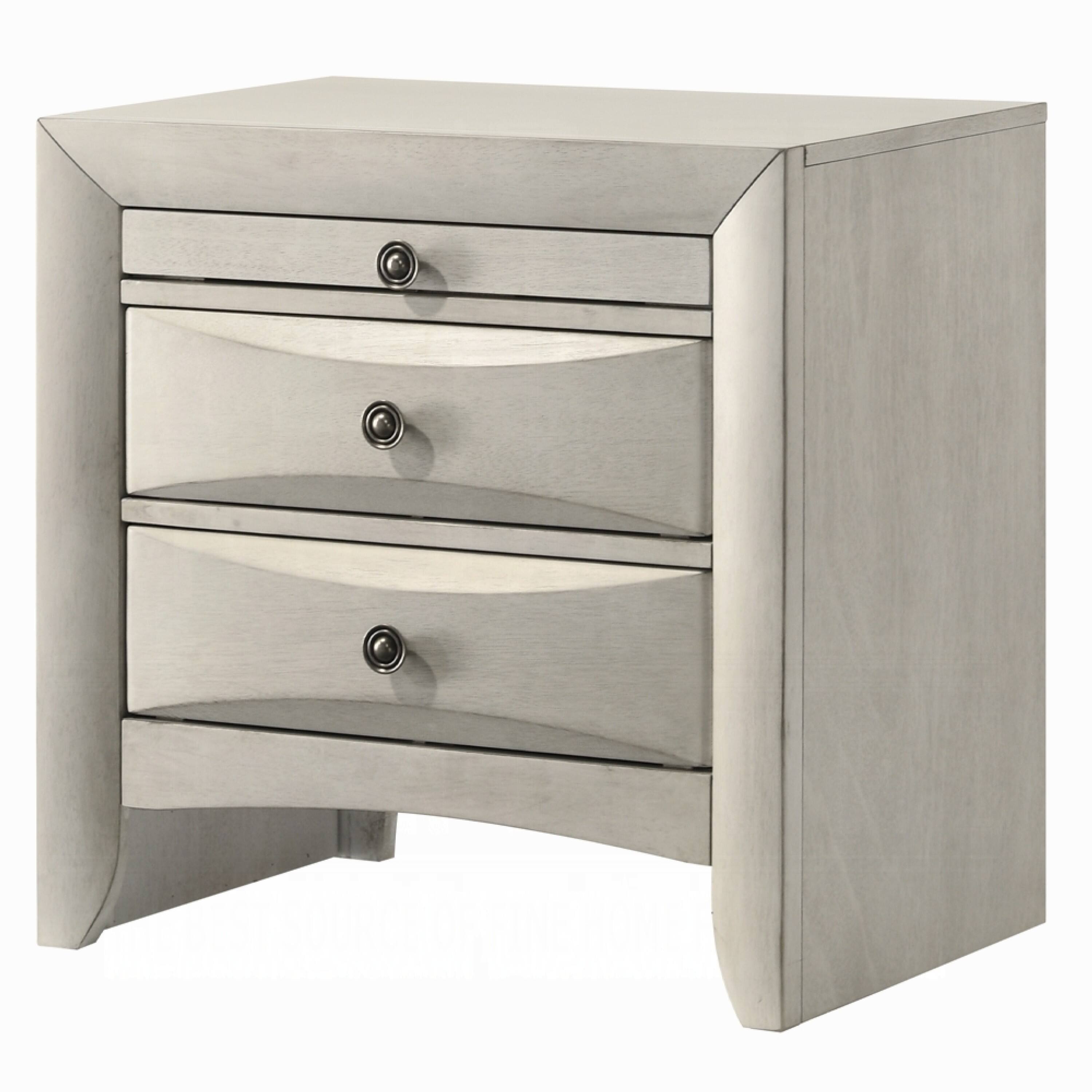 Front. Manhattan Lane - Remy Nightstand, 3 Contemporary Faceted Drawers, Finish - Antique White, Zinc.