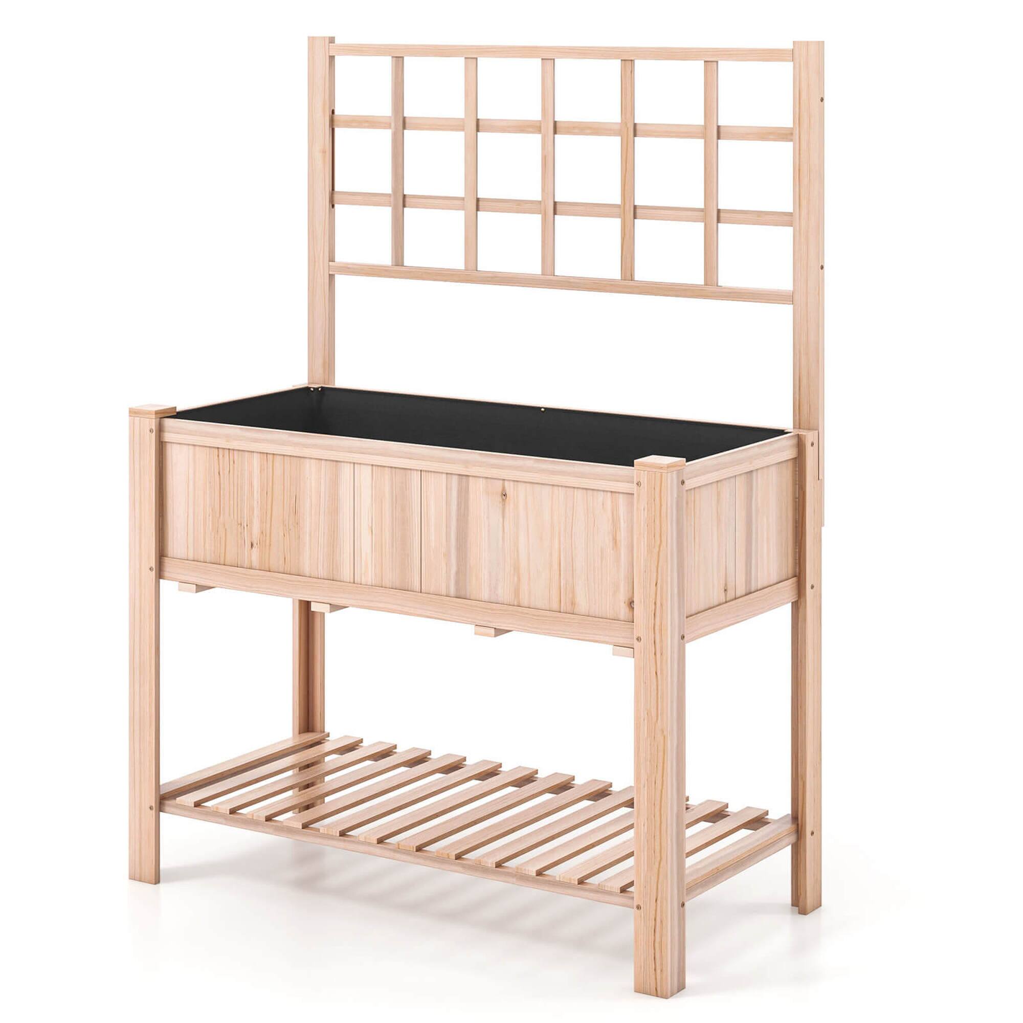 Alt View 1. Costway - Raised Garden Bed Elevated Wooden Planter Box with Trellis & Open Storage Shelf - Natural.