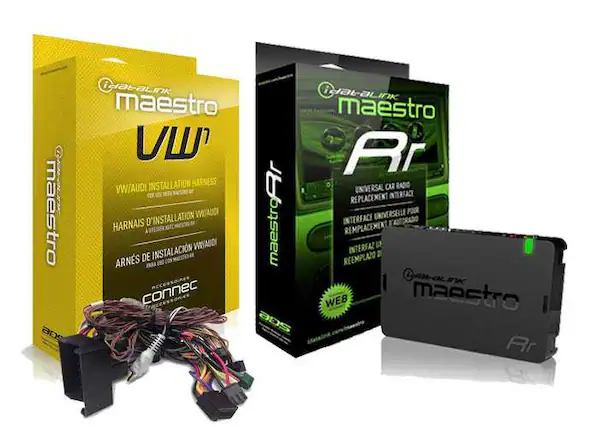 **Maestro VW Installation Harness**
- VW/Audi Installation Harness
- Harnais d'installation VW/Audi
- Arnes de instalacion VW/Audi
- Para uso con maestro
**Maestro AR Universal Car Radio Replacement Interface**
- Universal Car Radio Replacement Interface
- Interface Universelle Rempalacement
- Interfaz Universal Rempalazamiento
- Para uso con maestro
**Connect**
- Web