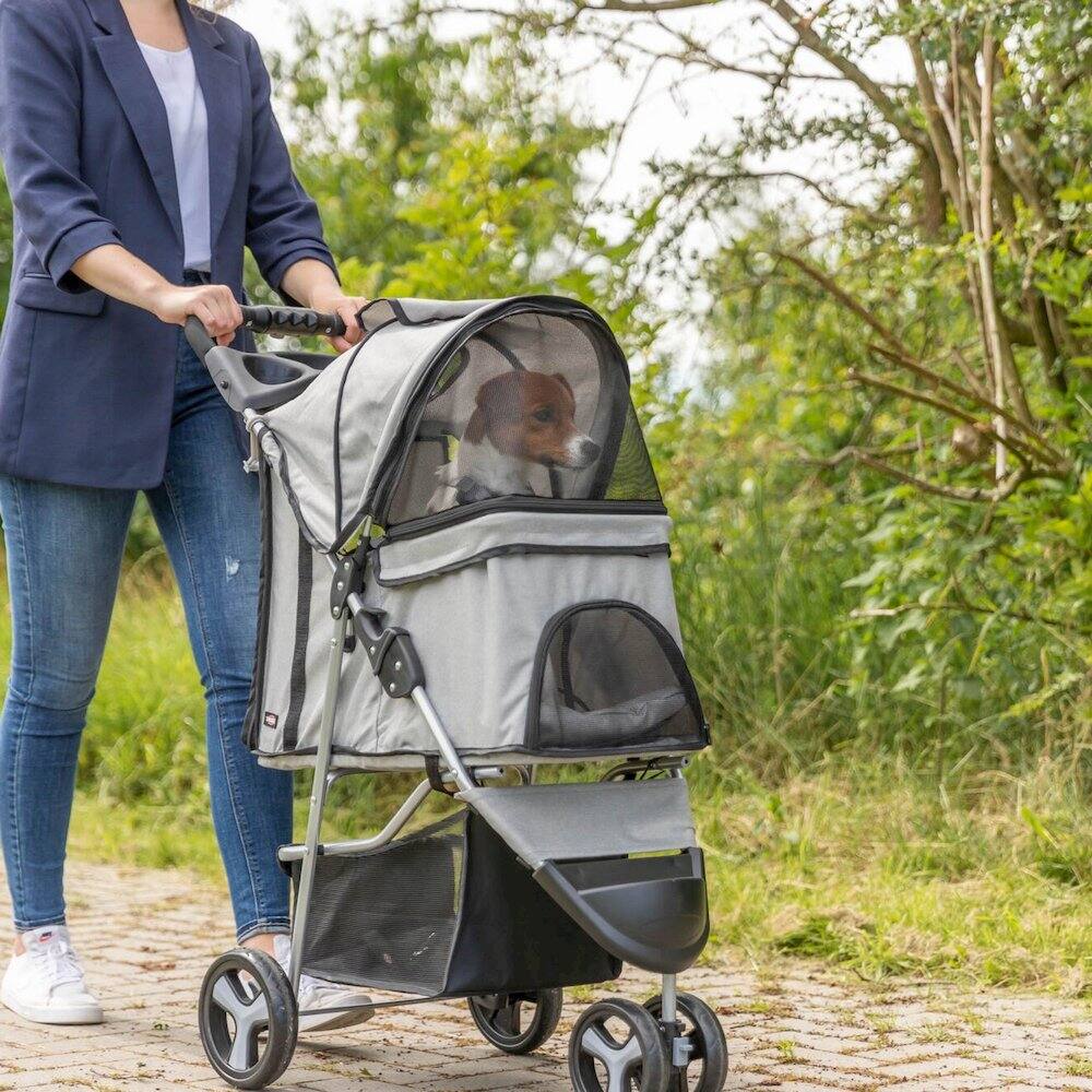 Left. TRIXIE - 3-Wheeled Foldable Dog & Cat Stroller with Canopy and Storage Compartments - Gray.