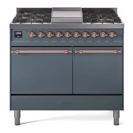 ILVE - Nostalgie II Series 40 in. Dual Fuel Range with 6 Sealed Burners + Griddle (Liquid Propane, Copper Trim) - Blue Grey