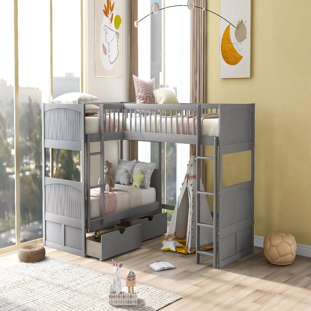 Back. Loheer - Loheer Triple Bunk Bed Twin Size with Loft Attached Gray Wood - Gray.