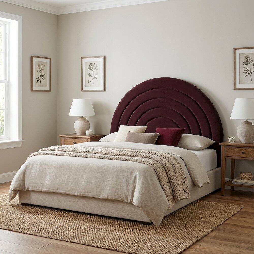 Left. FurniFact - Arched Velvet Full Headboard in Soft Performance Fabric with Plush Design - Purple.