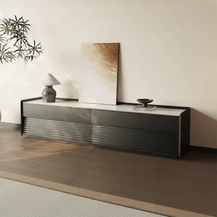 Front. POVISON - 79" Fully-Assembled Mid-Century Matte Sintered Stone Tabletop TV Stand, Black Color Cabinet with Adjustable Light - Glossy White & Black.