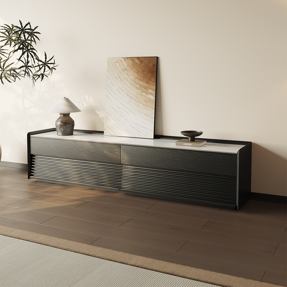 Front. POVISON - 79" Fully-Assembled Mid-Century Matte Sintered Stone Tabletop TV Stand, Black Color Cabinet with Adjustable Light - Glossy White & Black.