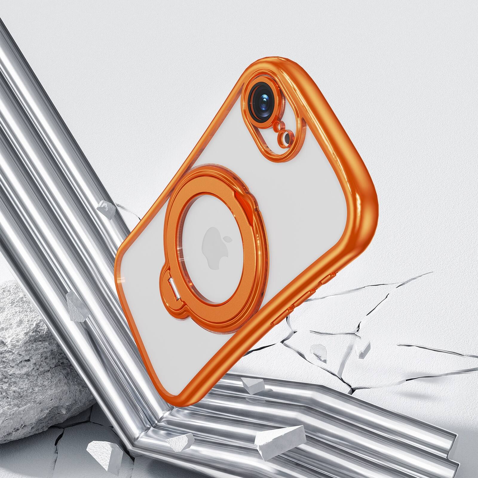 Back. Dteck - Magnetic Case for Apple iPhone 17e with 360 Ring Stand and Strap, Shockproof TPU Phone Cover Built-in Lens Protector - Orange.