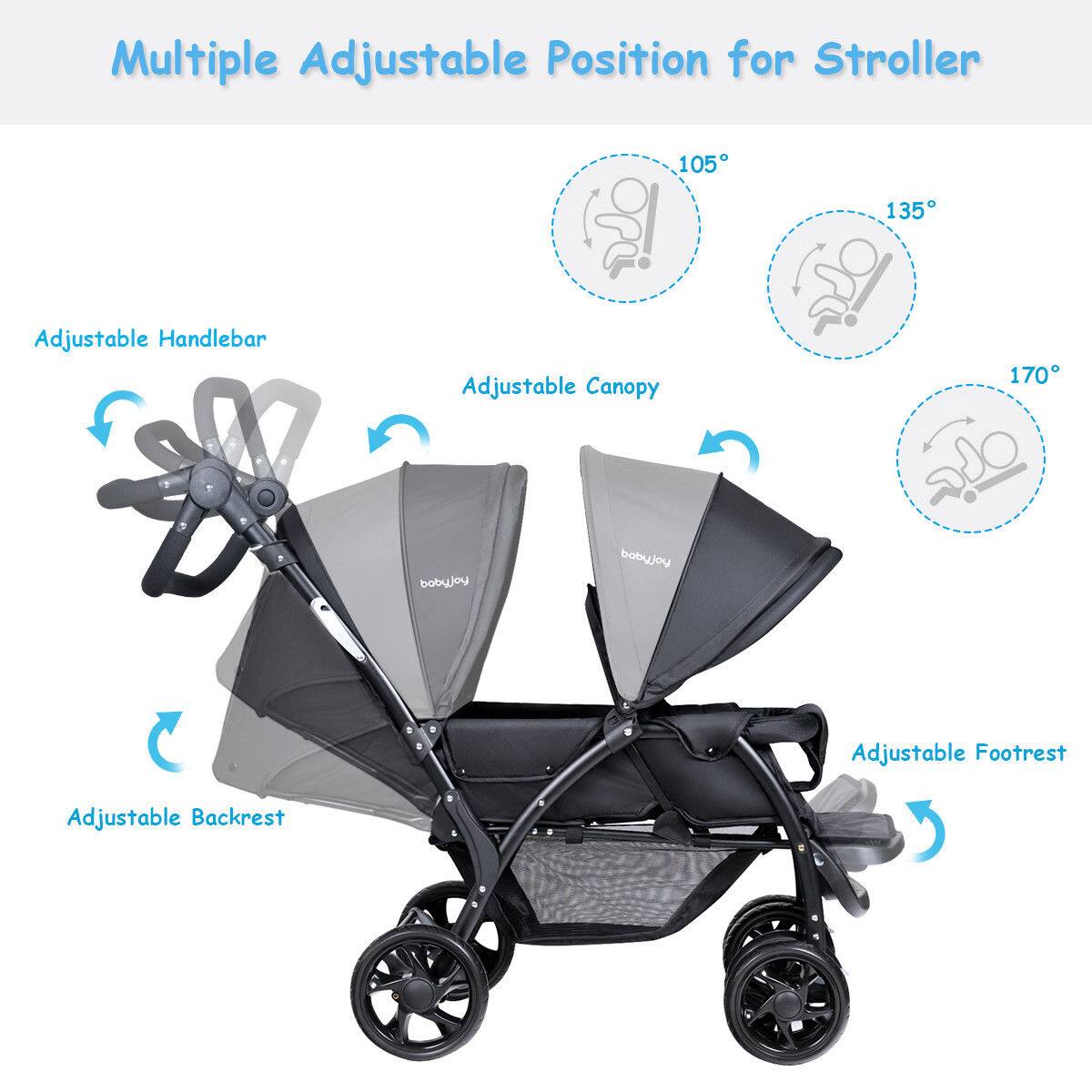 Multiple Adjustable Position for Stroller

105° Adjustable Handlebar
135° Adjustable Canopy
170° Adjustable Backrest
Adjustable Footrest