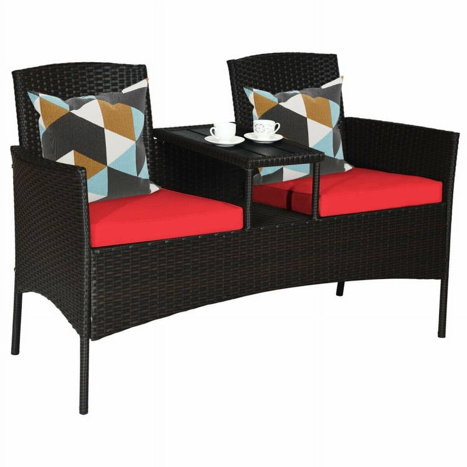 Alt View 1. Kadyn - 3 Pc Patio Conversation Bistro Set with Seat Outdoor Rattan Patio Conversation Set with Built-in Coffee Table and Cushio - Red.