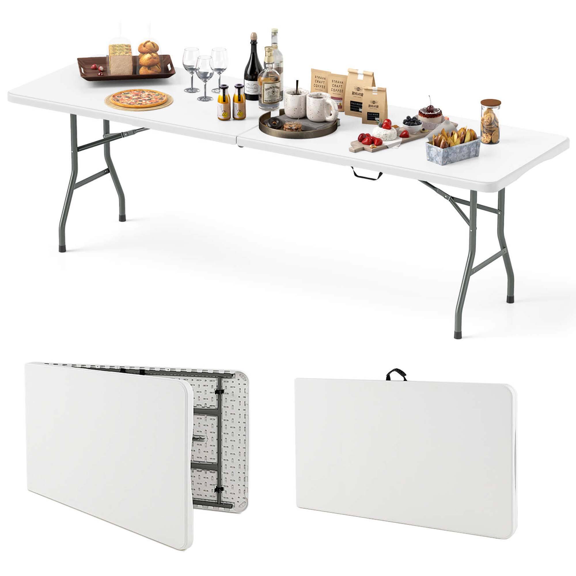 Costway - 8 ft Portable Folding Table with HDPE Tabletop Safe Lock Mechanism Carrying Handle - White