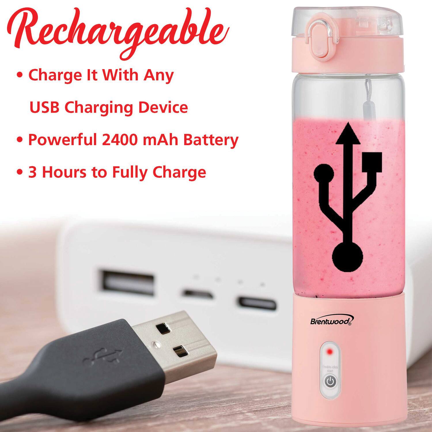 Rechargeable  
- Charge It With Any USB Charging Device  
- Powerful 2400 mAh Battery  
- 3 Hours to Fully Charge  

Brentwood