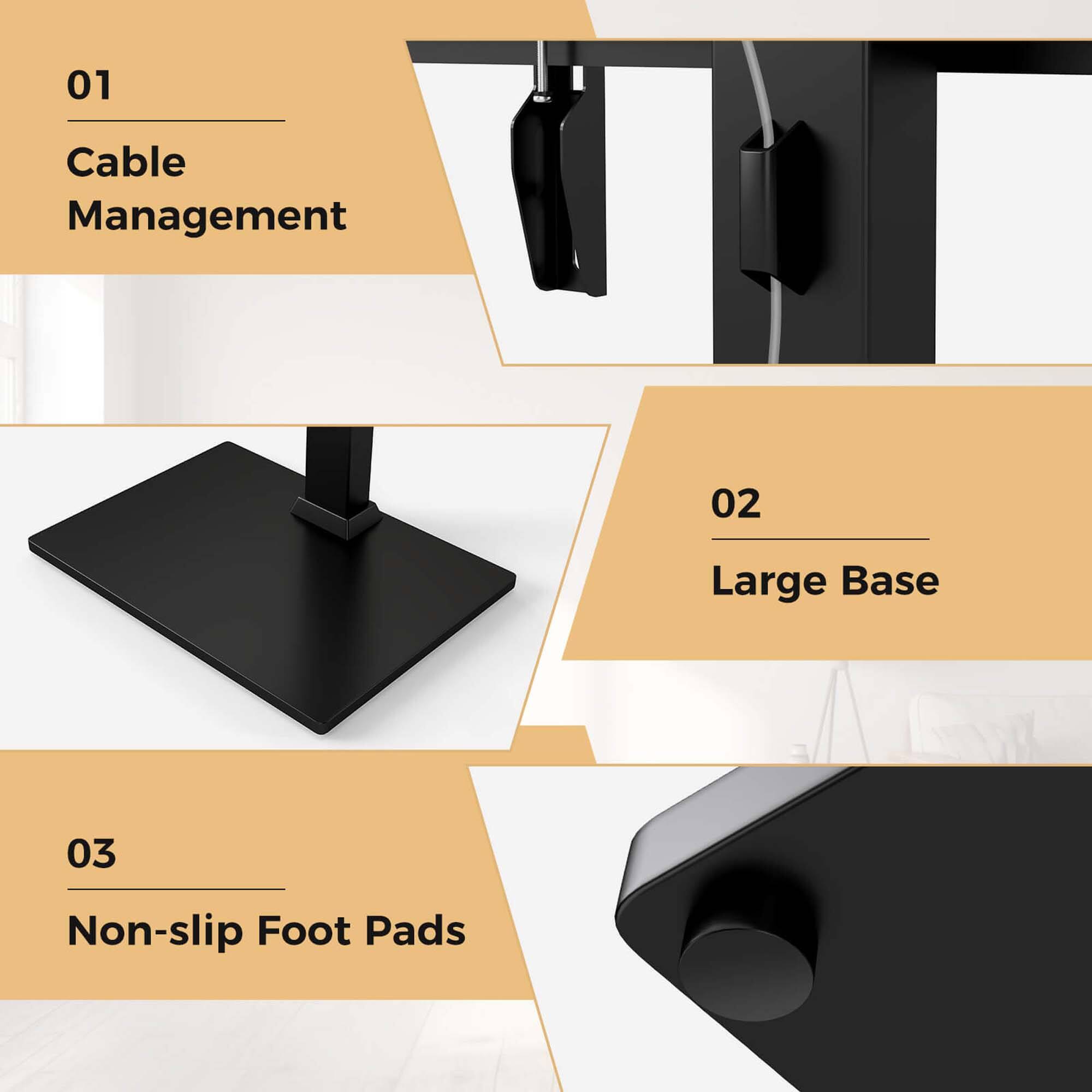 01 Cable Management 02 Large Base 03 Non-slip Foot Pads