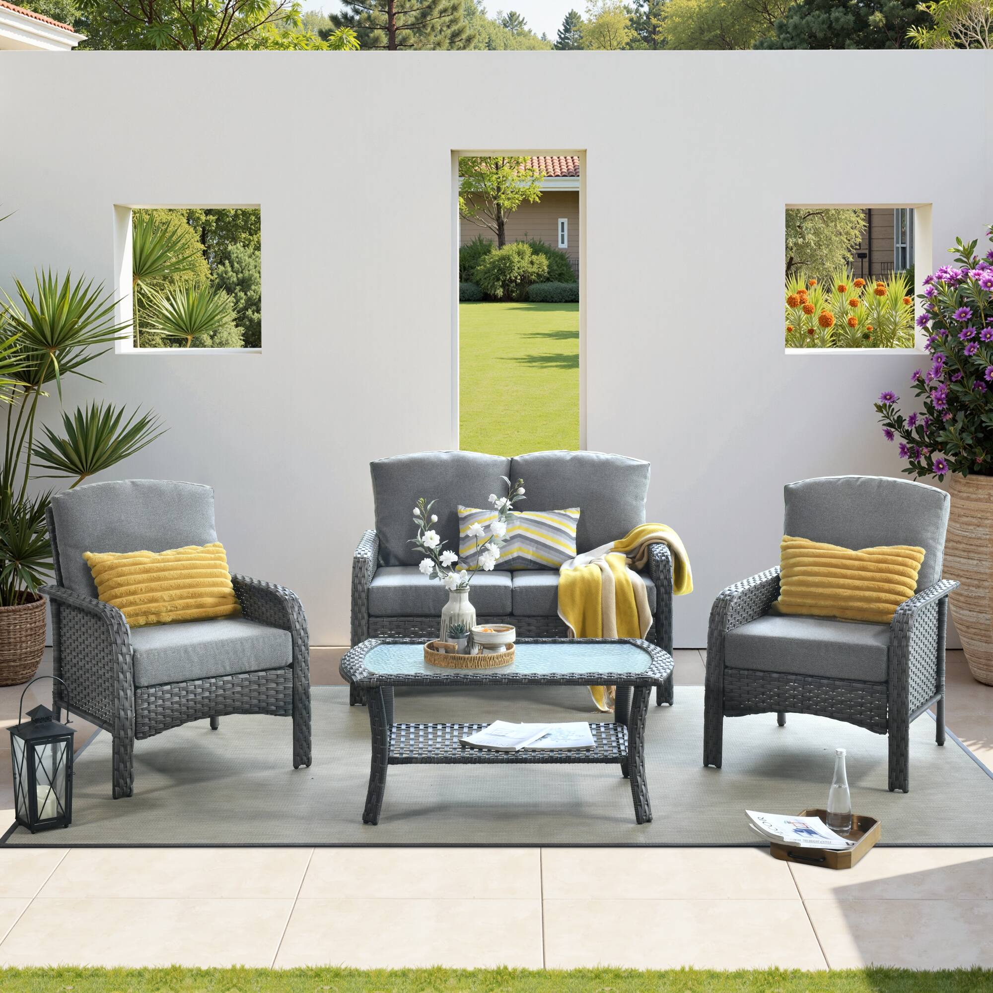 Ovios - 4 PCS Patio Fruniture Set, Outdoor Wicker Sofa with Chairs, High Back Loveseat with Cushion - Dark Gray price history on PriceWatchPro