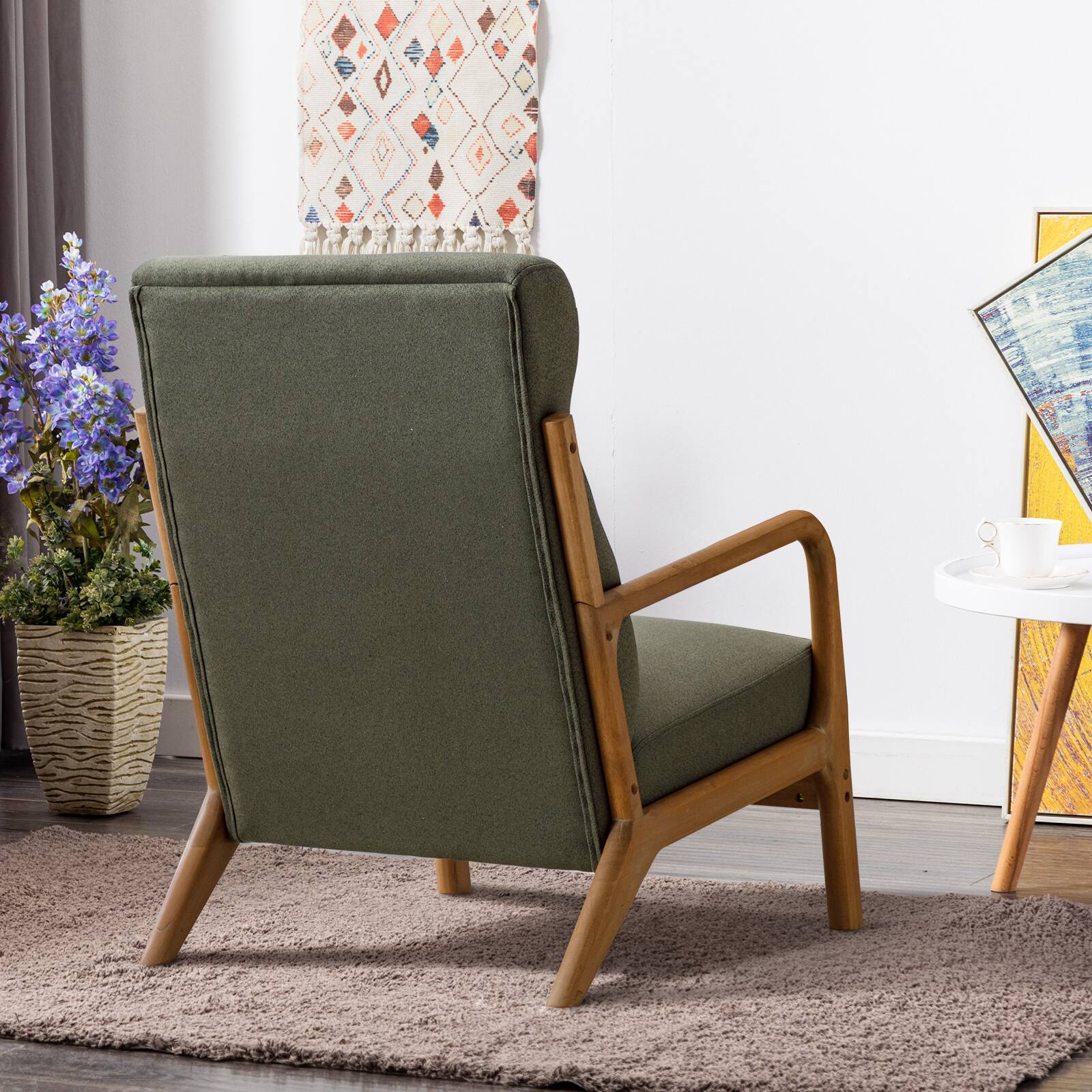 Alt View 11. Bestier - Mid-Century Upholstered Accent Chair with Wooden Frame and High Back, Pillow, and Waist Cushion - Green.
