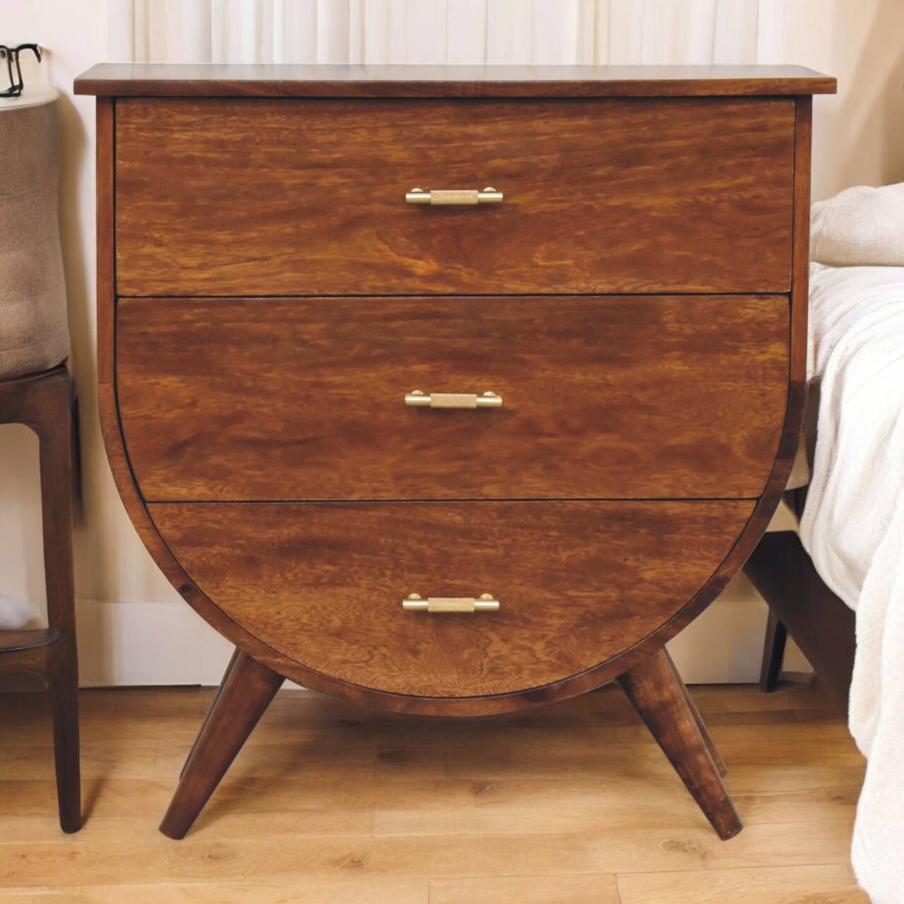 Angle. Artisan Furniture - Artisan Furniture Solid Wood Agra Bedside, 3 Drawers, Nordic Legs, Dark Brown - Chestnut.