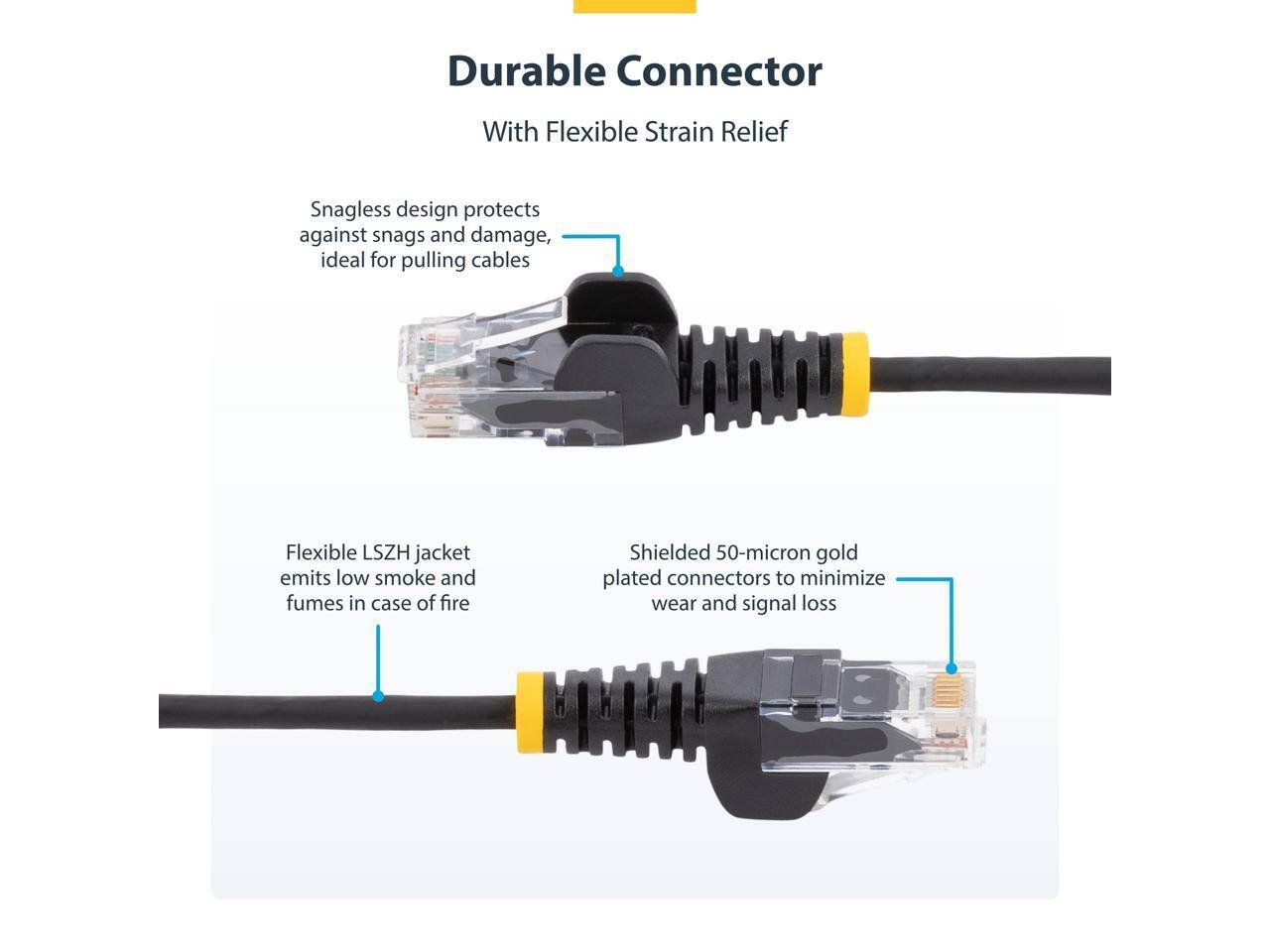 Durable Connector With Flexible Strain Relief

- Snagless design protects against snags and damage, ideal for pulling cables
- Flexible LSZH jacket emits low smoke and fumes in case of fire
- Shielded 50-micron gold plated connectors to minimize wear and signal loss