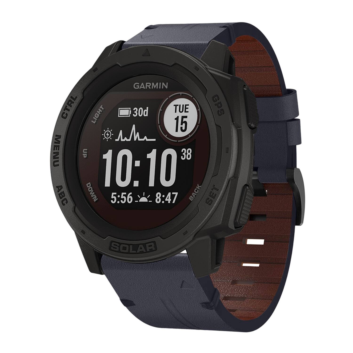 GARMIN  
CTRL TUE 15 LIGHT 30d 2 15 + MENU UP 10:10' 38 ABC DOWN 5:56 8:47 BACK SET SOLAR
