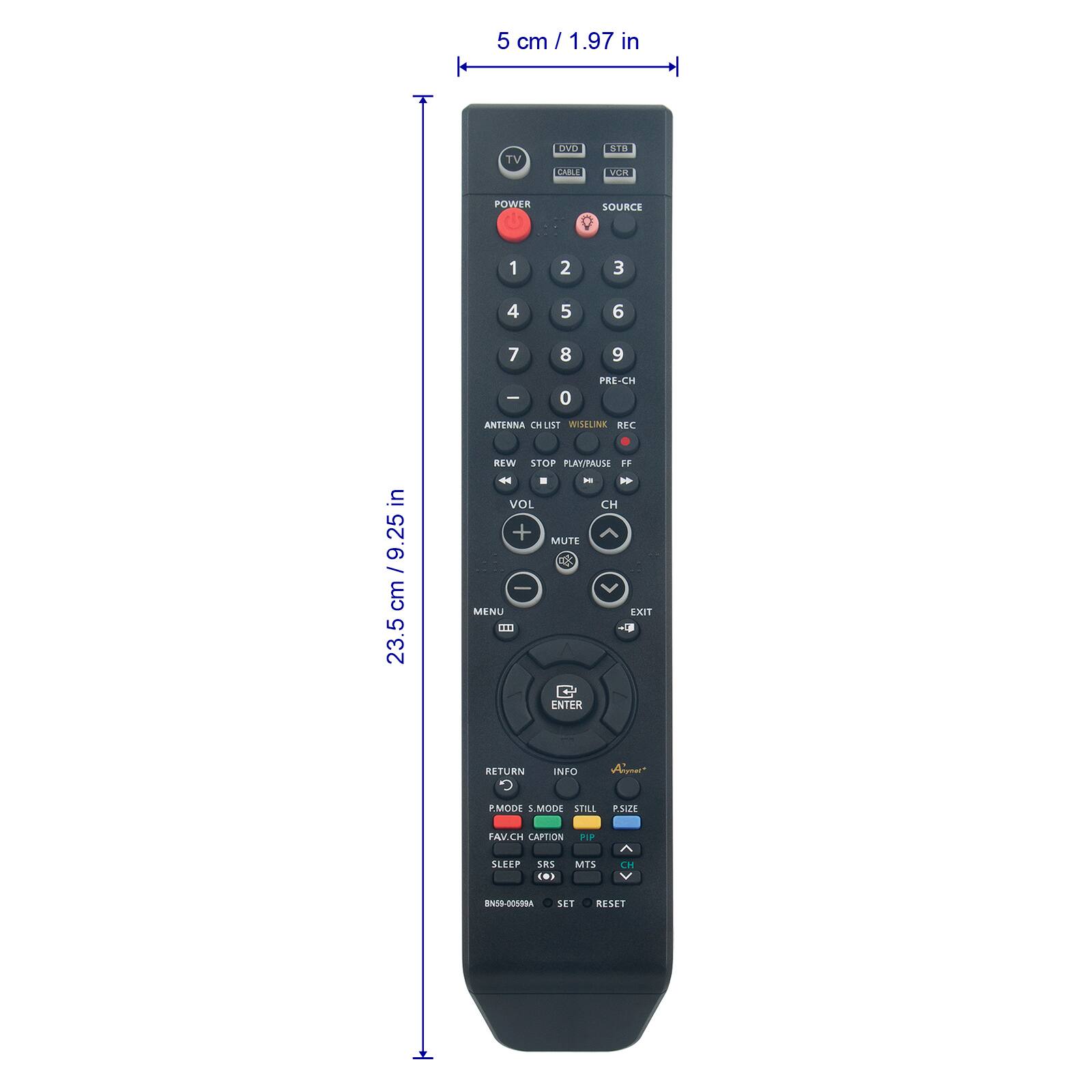 5 cm / 1.97 in  
TV  
POWER SOURCE  
1 2 3 4 5 6 7 8 9 0  
PRE-CH  
ANTENNA  
CH  
LIST  
WISELINK  
REW  
STOP  
PLAY/PAUSE  
FP  
VOL +  
-  
MENU  
CH MUTE  
EXIT  
ENTER  
RETURN  
INFO  
P.MODE  
S.MODE  
STILL  
PS2A  
FAVCH  
CAPTION  
FP  
SLEEP  
SRS  
MTS  
ENTB-OOMRBA  
SET  
RESET  

23.5 cm / 9.25 in