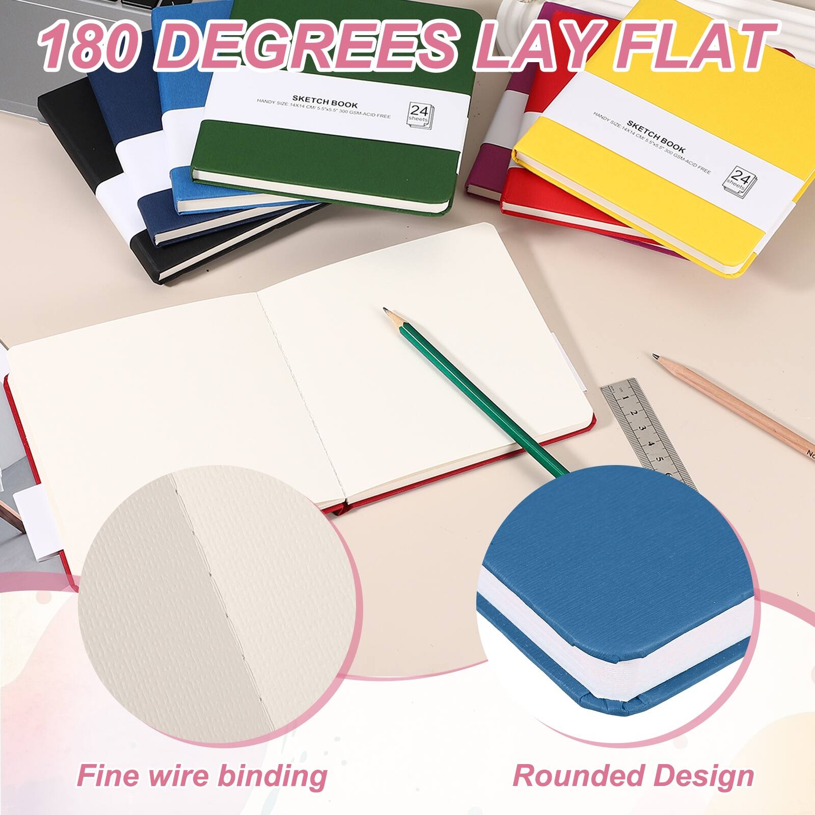180 DEGREES LAY FLAT

SKETCH BOOK
HANDY SIZE 21X29.7CM 8.3X11.7IN 24 SHEETS

Fine wire binding
Rounded Design
