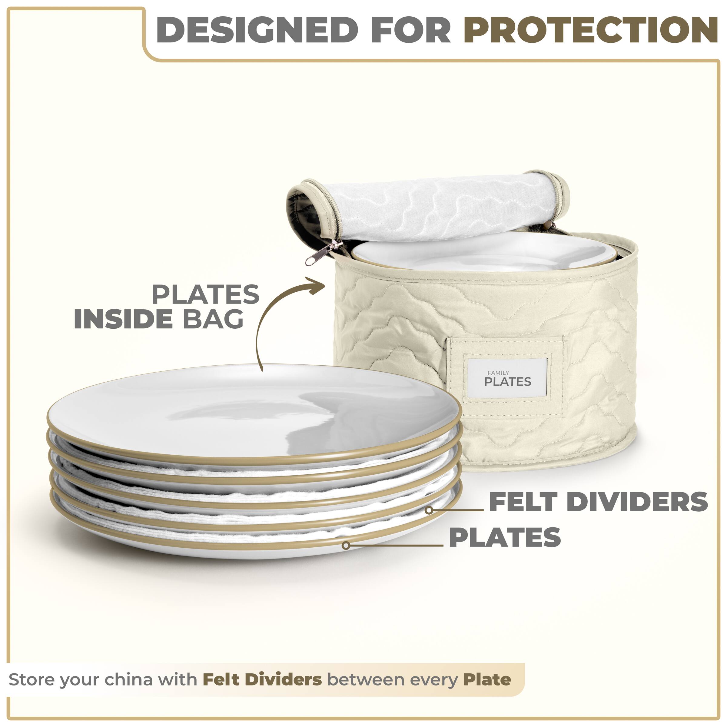 DESIGNED FOR PROTECTION

PLATES INSIDE BAG

FELT DIVIDERS PLATES

Store your china with Felt Dividers between every Plate