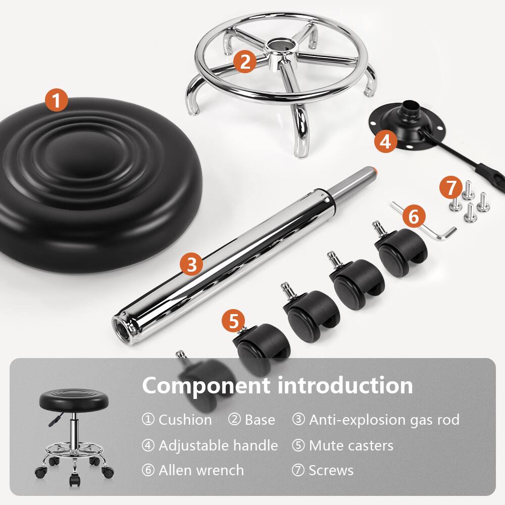 Component introduction

1. Cushion
2. Base
3. Anti-explosion gas rod
4. Adjustable handle
5. Mute casters
6. Allen wrench
7. Screws