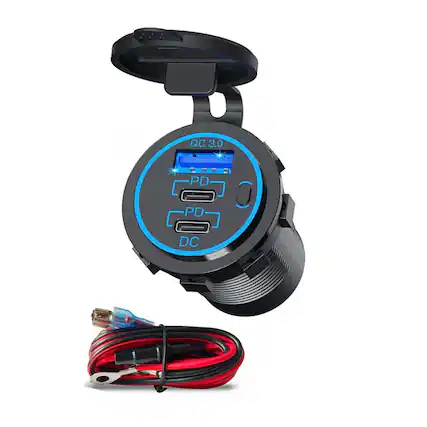 Front. Stock Preferred - USB C Car Charger 3-Port Fast Charging Adapter with Power Switch for 12V/24V Car, Boat, RV - Blue.
