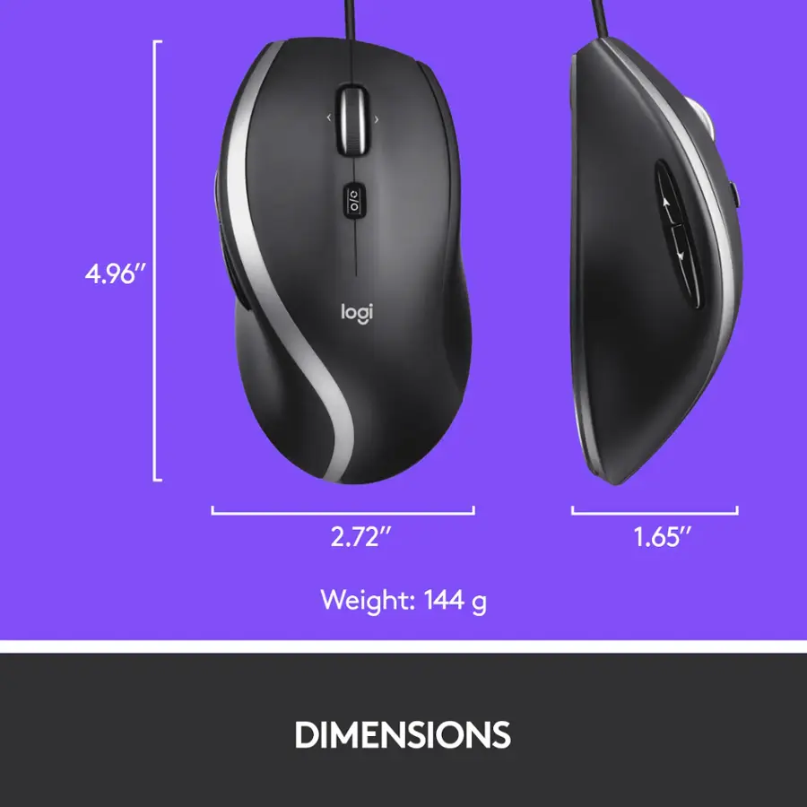 The text on the image reads "4.96" logi 2.72" 1.65" Weight: 144 g DIMENSIONS.