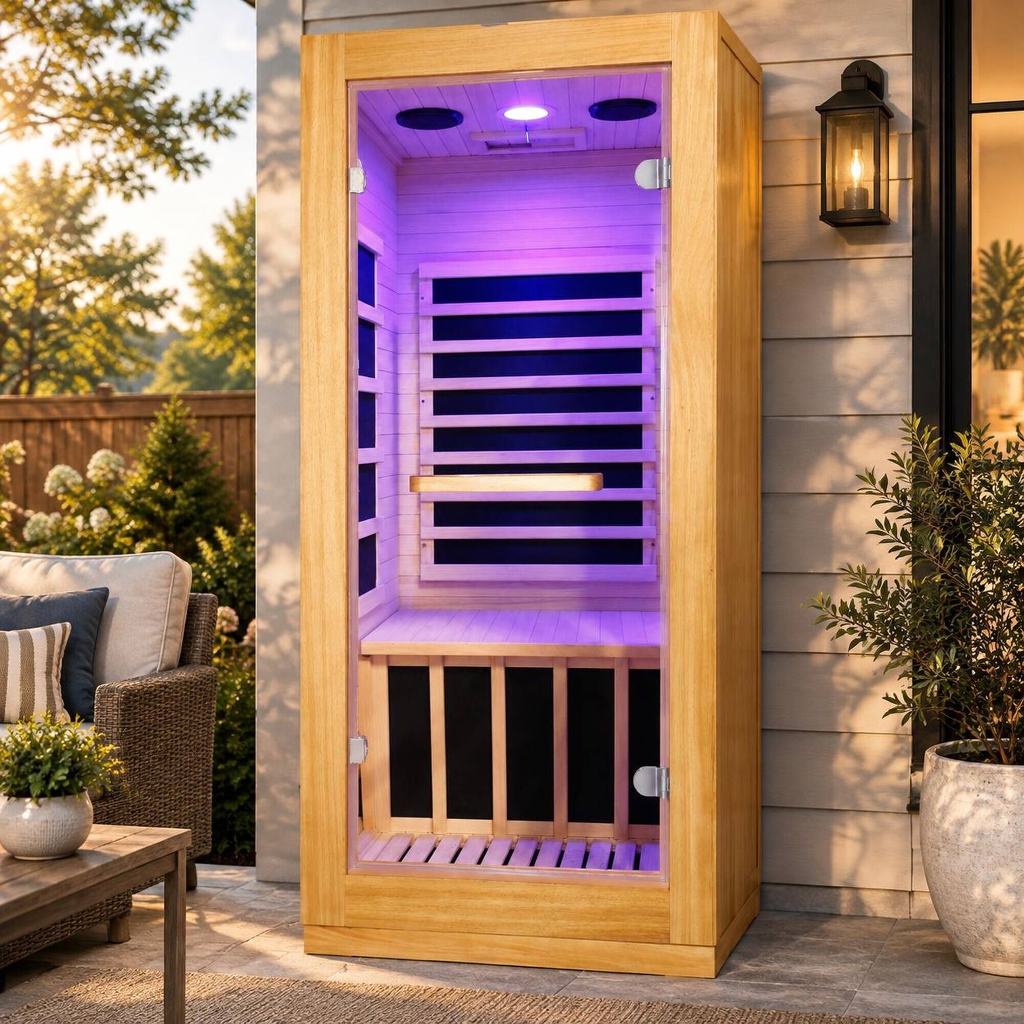 Left. RYHNUYNE - Infrared Sauna Room, Single Person, 900W, 5 Epoxy Heating Plates, AUS Wood, 10-Color Downlight, 100 kg Seat Capacity - Natural.