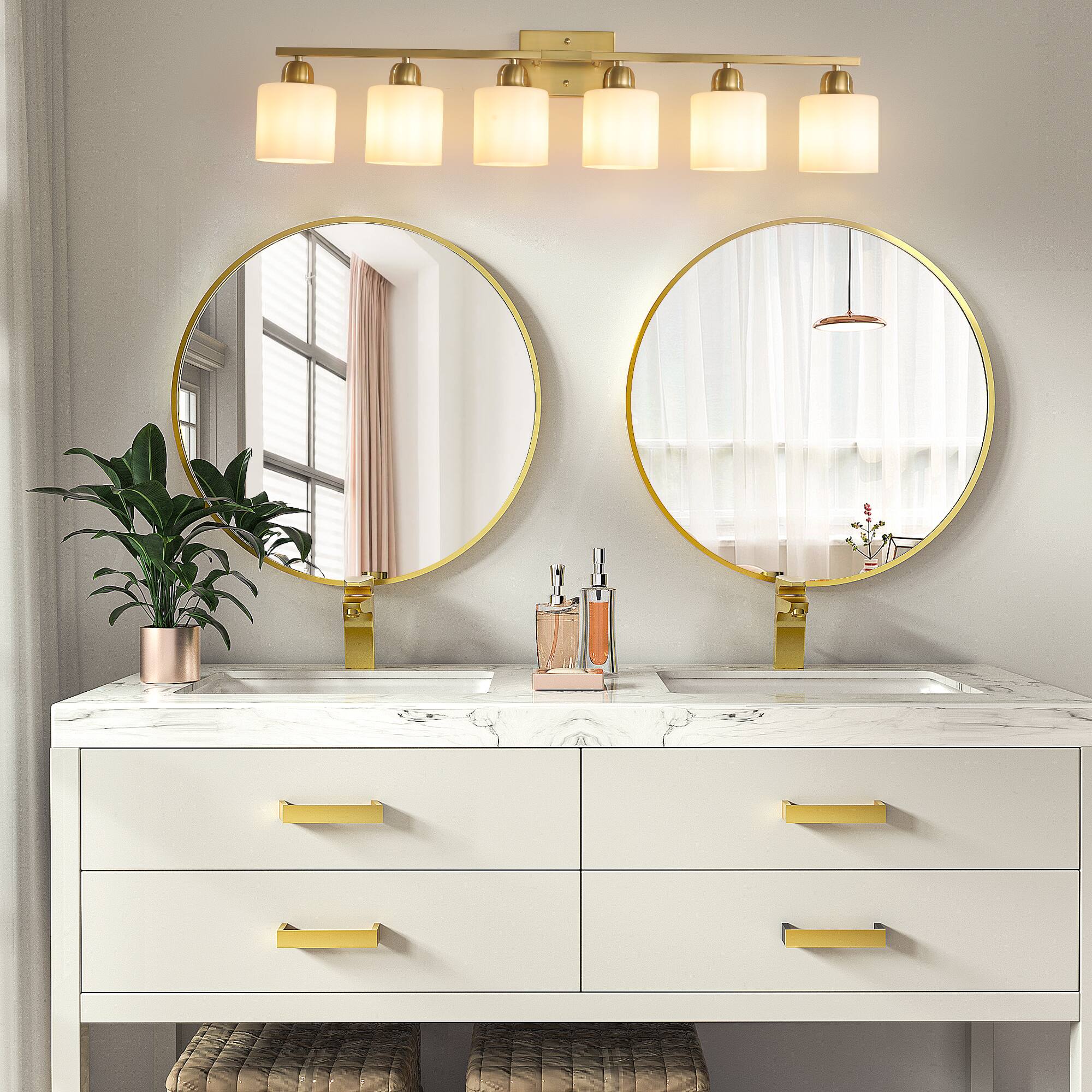 Left. HOMLUX - 38.19 in. 6 Lights Gold LED Vanity Light Bar Vanity Accent Lighting Fixtures and Metal Wall Sconces with Crystal Shade.