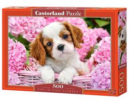 500 Piece Jigsaw Puzzle, Pup in Pink Flowers, Animal puzzle, Dog puzzle; Puppies, Cute, Castorland B-52233 - Red