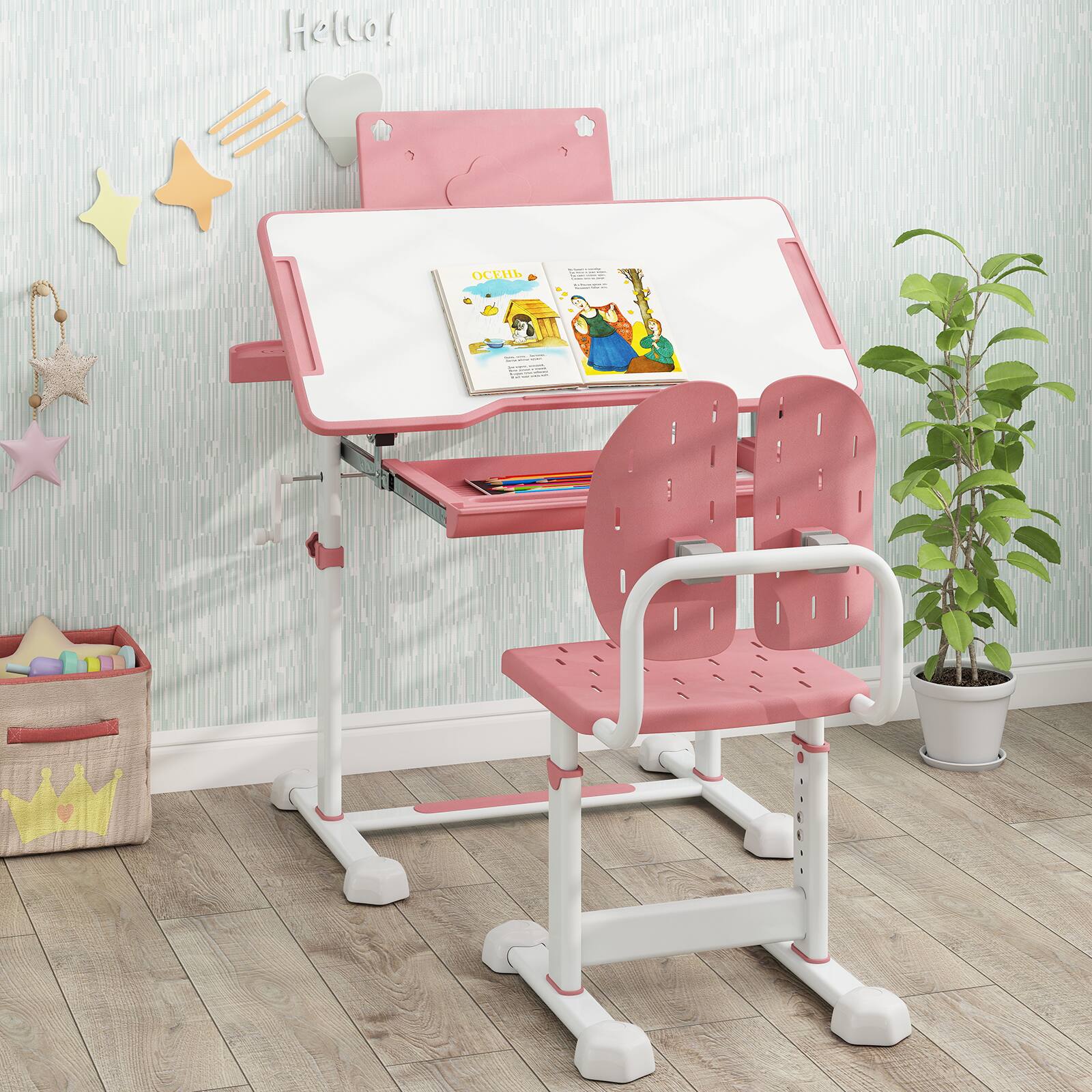 Alt View 3. Gymax - Gymax Kid's Study Desk & Chair Set w/Tilt Desktop Book Stand Footrest Bar for Toddlers Pinl - Pink.