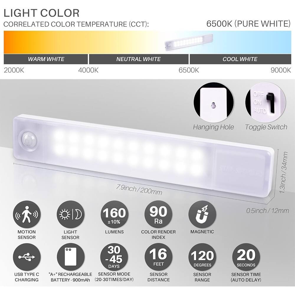 **LIGHT COLOR**

**CORRELATED COLOR TEMPERATURE (CCT):**

- WARM WHITE: 2000K
- NEUTRAL WHITE: 4000K
- COOL WHITE: 6500K
- 6500K (PURE WHITE)
- 9000K

**Hanging Hole**
**Toggle Switch**

**7.9inch / 200mm**

**MOTION SENSOR**
**LIGHT SENSOR**
**LUMENS: 160 ±10%**
**COLOR RENDER INDEX: 90 Ra**
**MAGNETIC**

**USB TYPE C CHARGING**
**"A+" RECHARGEABLE BATTERY - 900mAh (20-30 TIMES/DAY)**
**SENSOR MODE**
**SENSOR DISTANCE: 16 FEET**
**SENSOR RANGE: 120 DEGREES**
**SENSOR TIME (AUTO DELAY): 20 SECONDS**

**30 - 45 DAYS**
