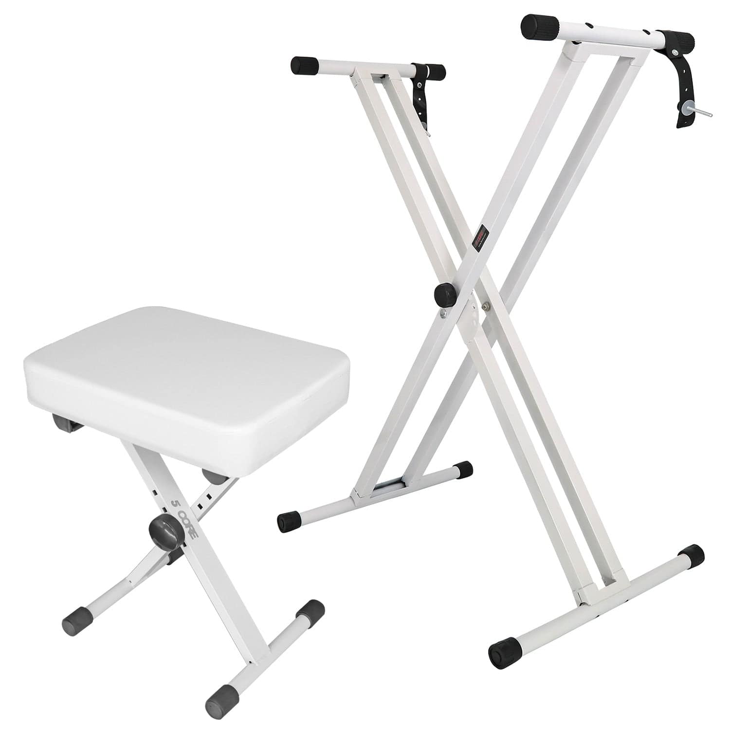 5 CORE - Keyboard Stand Double X Style Adjustable Piano Riser + Keyboard Piano Bench - White
