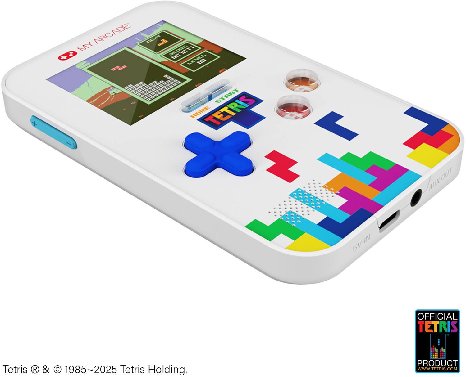 Sure, here is the corrected and grouped text from the image:

---

**Top Left:**
- MY ARCADE

**Top Right:**
- OFFICIAL TETRIS PRODUCT
- WWW.TETRIS.COM

**Bottom:**
- Tetris® & © 1985~2025 Tetris Holding.

**On the Device:**
- START
- HOME
- TETRIS
- 5V-IN

**On the Screen:**
- SCORE
- LEVEL
- START
- PAUSE
- QUIT

---