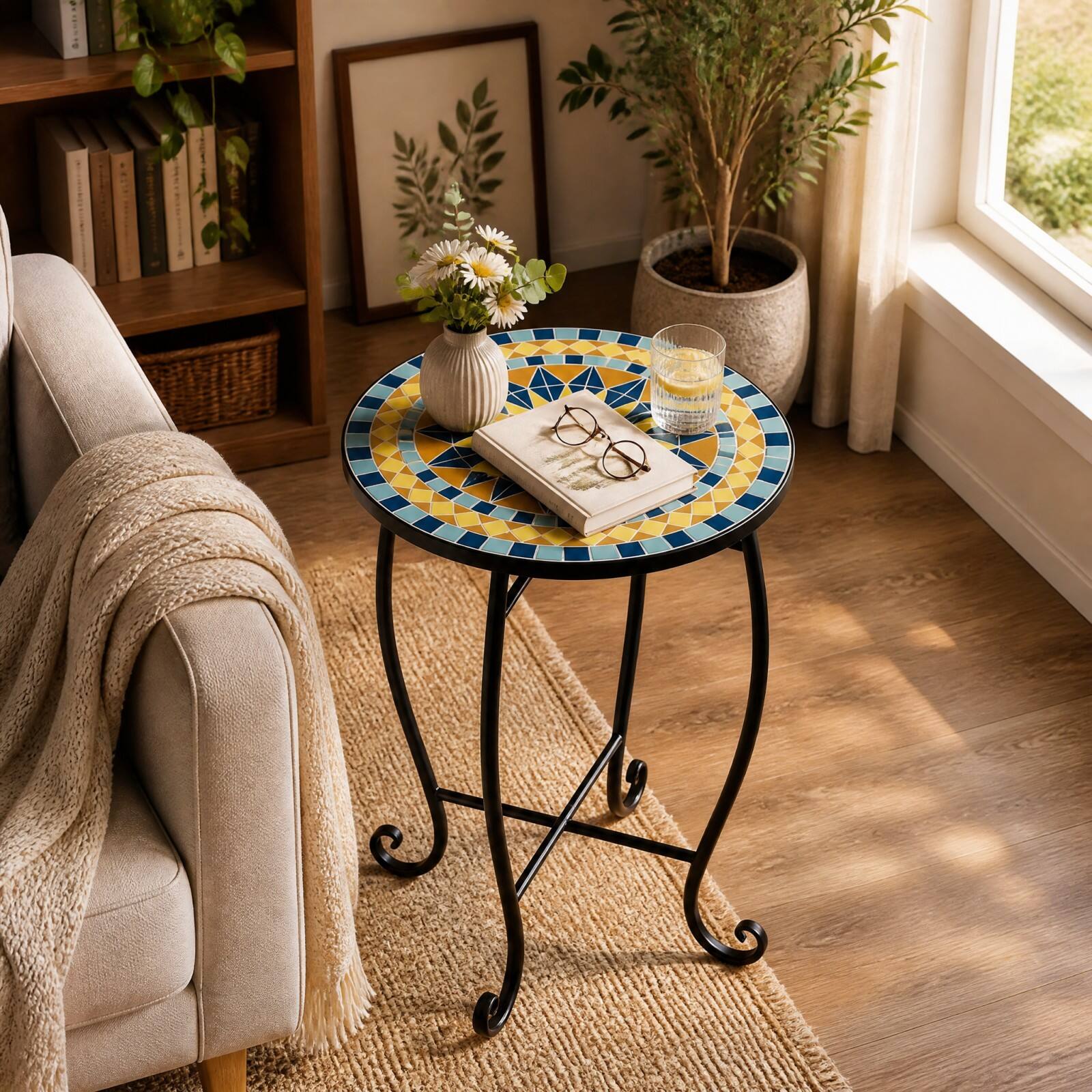 Alt View 4. Costway - Costway 14 Inch Mosaic Patio Side Table Metal Accent End Table Plant Stand for Porch Garden - Yellow & Black.