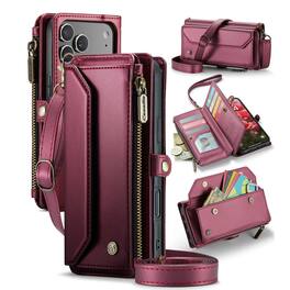 UUCOVER - Magnetic Zipper Wallet Case for iPhone 18 Pro Leather Card Slots RFID Blocking Stand Cover with Shoulder/Wrist Strap - Winered