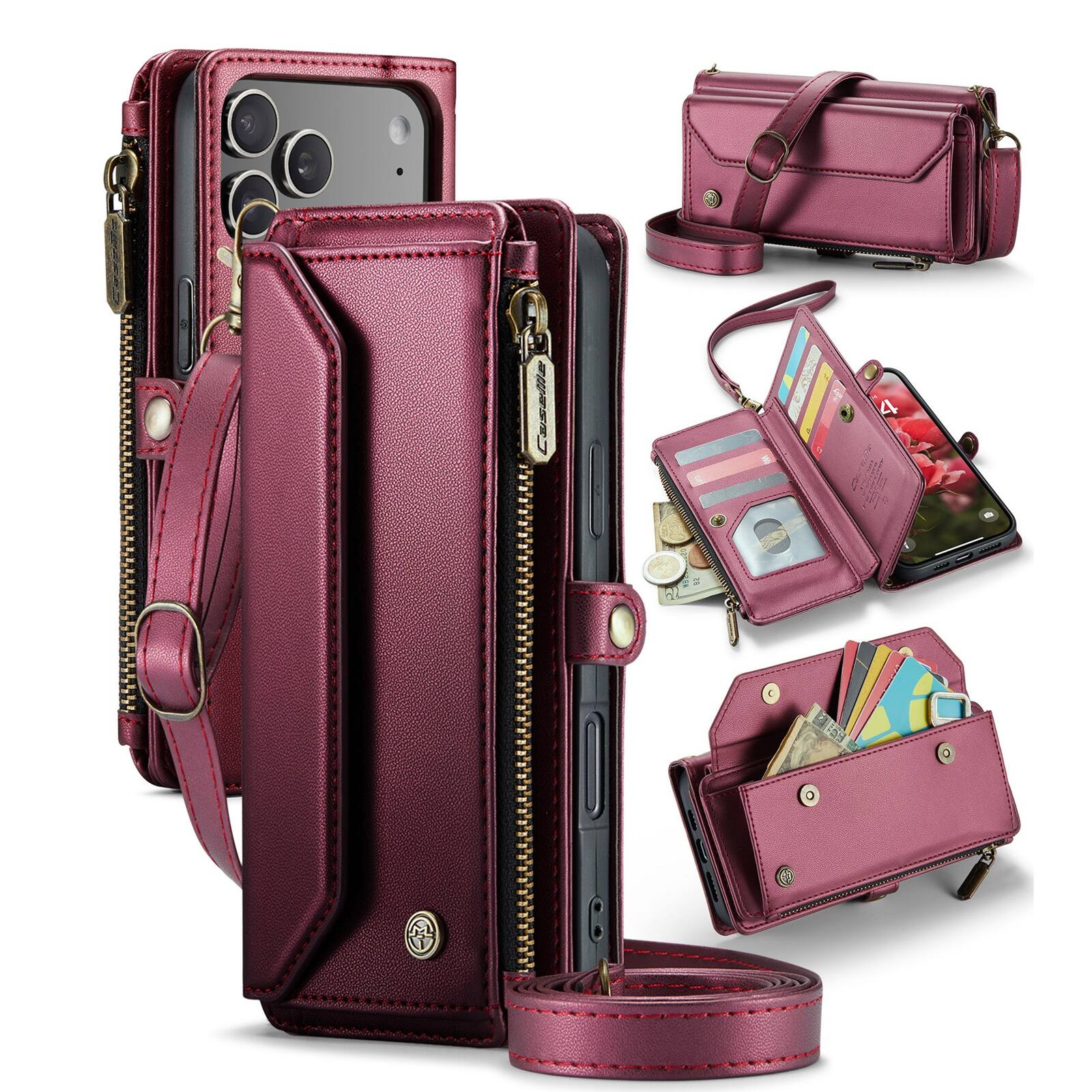 Front. UUCOVER - Magnetic Zipper Wallet Case for iPhone 18 Pro Max Leather Card Slots RFID Blocking Stand Cover with Shoulder/Wrist Strap - Winered.